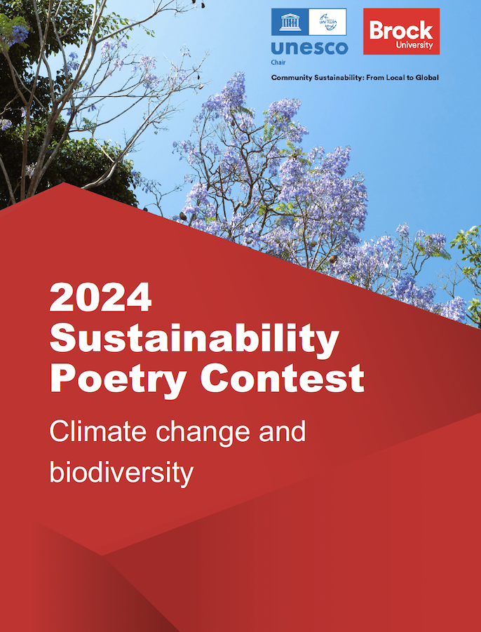 book cover featuring a purple tree with overlayed logos and the text 2024 sustainability poetry contest